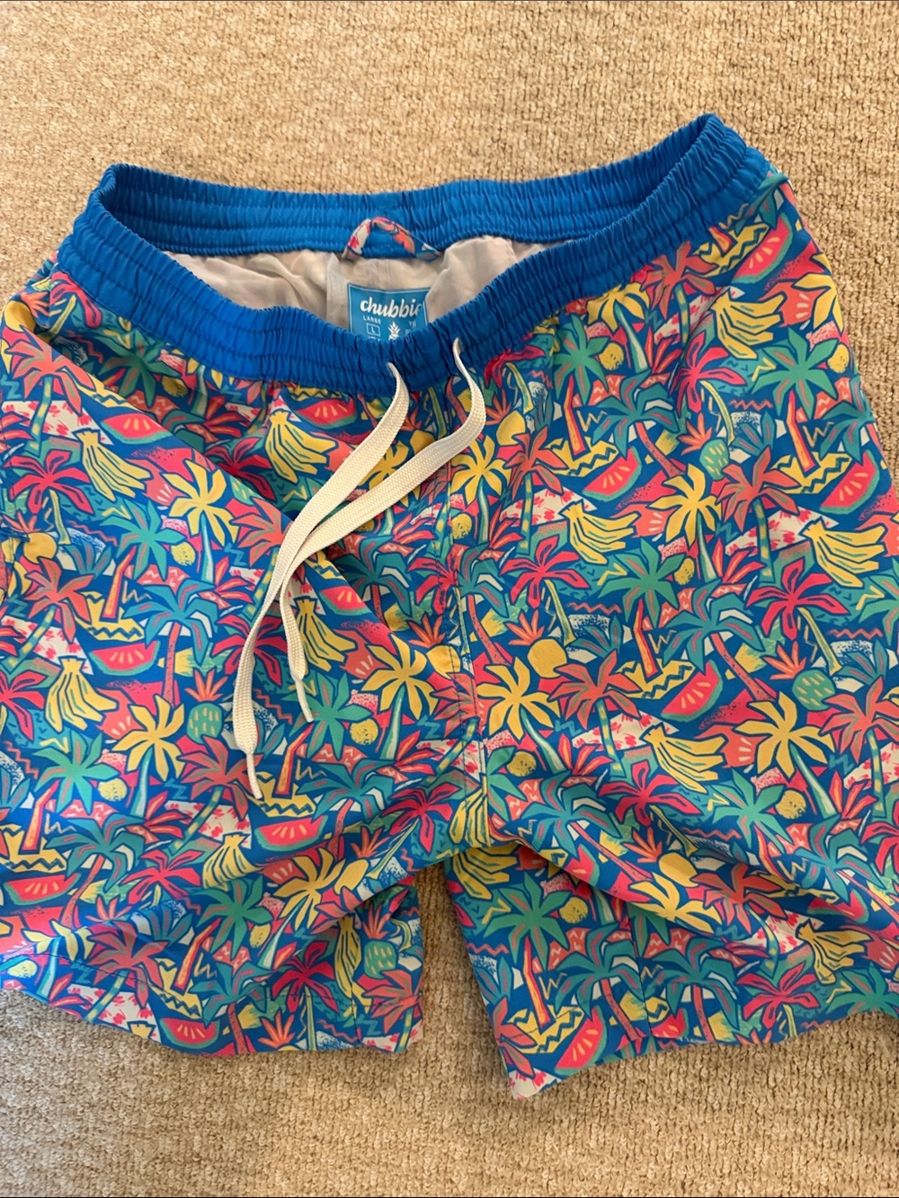 chubbies Multicolor Tropical Print Swim Trunks with Blue Waistband